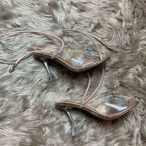 ShoeLand Clear Ankle Wrap Wedding Diamond Bow Detail Square Toe Perspex Heel - Picture 8 of 16